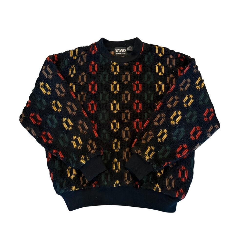 Vintage Gensmen Retro Men Large Textured Geometric Knit Sweater 80s 90s Grandpa